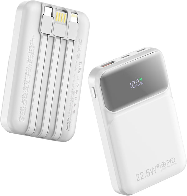 10000mAh Portable Charger with Built-in Cable, PD 22.5W Fast Charging Battery Pack