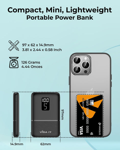 Vida IT Small Power Bank 5V 2A Battery Pack for Heated Vest Jacket Gloves, 5000mAh Dual USB Portable Phone Charger for