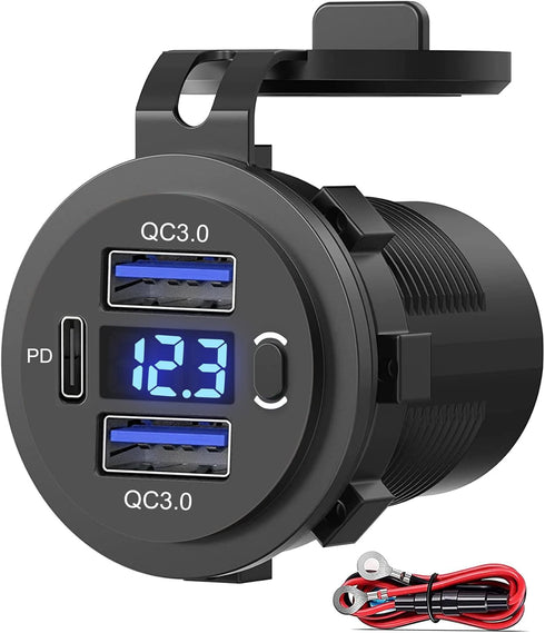 Dual USB Quick Charge 3.0 Port & PD USB C Car Charger Socket, 12V USB Outlet with Voltmeter for Car