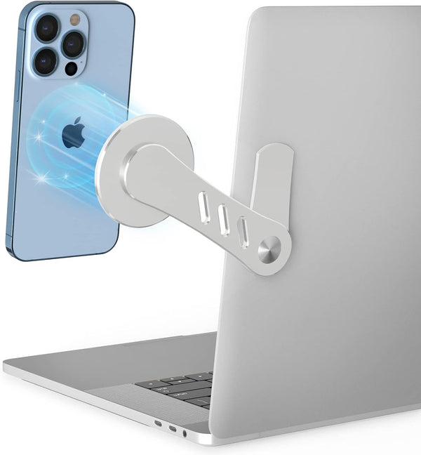 DK177 Magnetic Phone Holder for Laptop, Side Mount Compatible with iPhone 15/14/13/12 Series MagSafe Cases, Silver