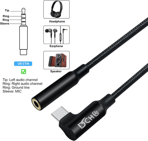 Angled USB Type C to 3.5mm Audio Adapter - USB-C to Aux Dongle for Android, Tablet, Laptop, Speaker, Car Stereo, Black.