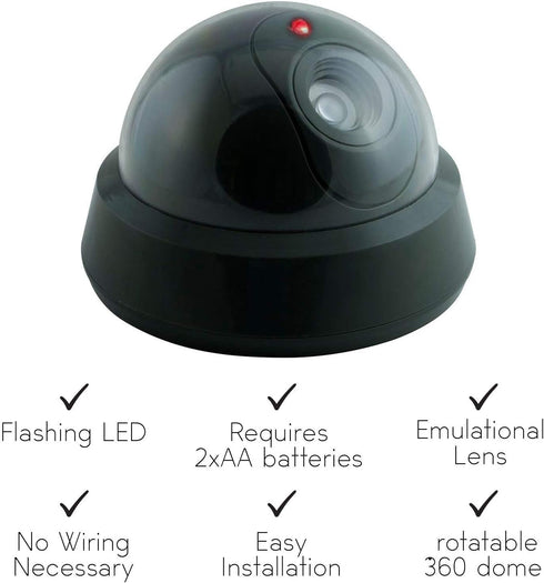 Dummy Fake Security Surveillance CCTV Dome Camera with Red LED Light, Battery Powered for Home or Business (2 Pack)