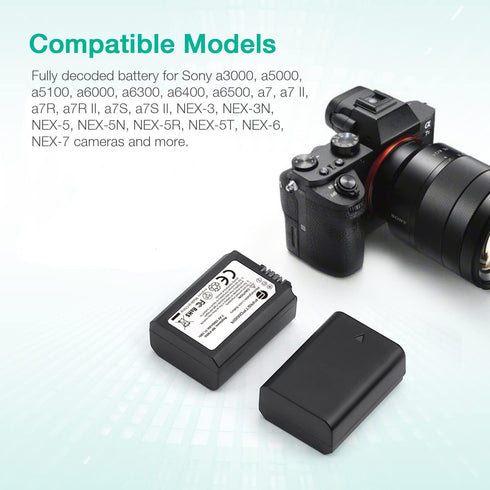 FirstPower NP-FW50 Battery 2-Pack with USB Dual Charger for Sony A6000 A6300 A6400 A6500 A7 A7II A7RII A7SII Cameras