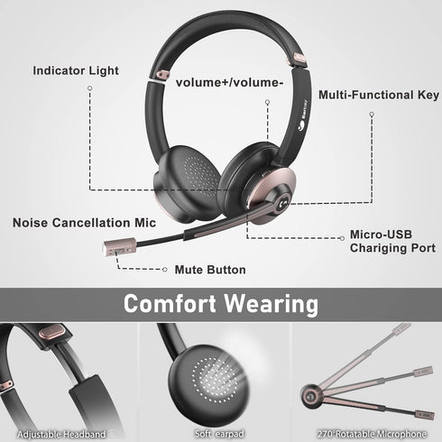 Earbay Wireless Headset, Bluetooth Headsets with Microphone Noise Cancelling, On Ear Headphones for Zoom/Ms Teams/Skype