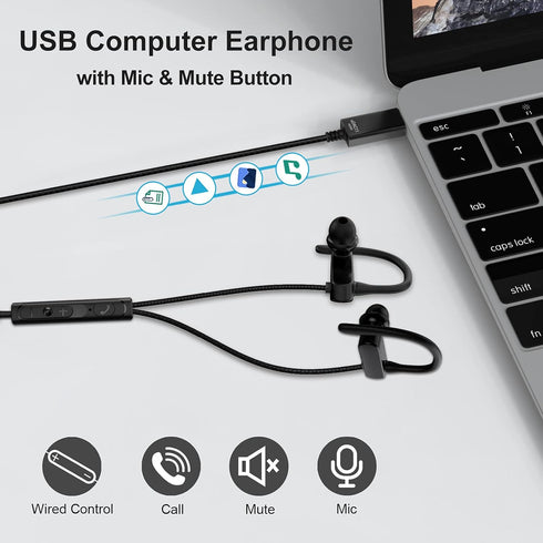 Computer Headphone, TITACUTE USB Earphones 2.5M 8.2FT Wired Earbuds with Microphone Mute Volume Control Noise Canceling Over Ear Hook PC Headset for MacBook Pro Chromebook Notebook Laptop Desktop Zoom