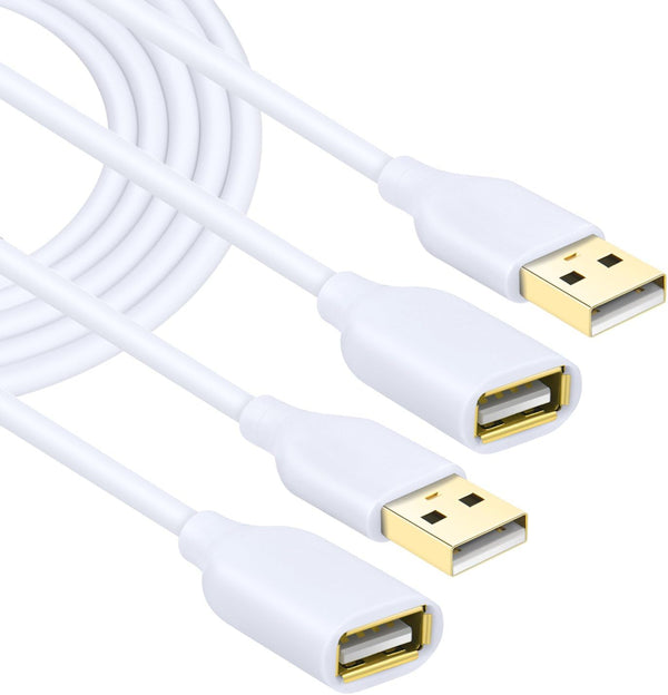 Costyle 10ft USB Extension Cable 2-Pack, USB 2.0 Type A Male to Female, White USB Extender with Gold-Plated Connectors.