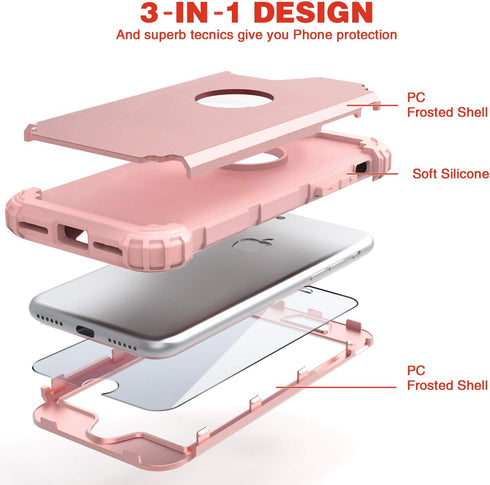 IDweel iPhone 8 Case with Tempered Glass Screen Protector, 3 in 1 Shockproof Slim Hybrid Heavy Duty Cover, Rose Gold