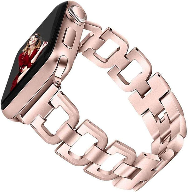 OULUCCI Compatible Apple Watch Band, 44mm 42mm 45mm 49mm, Women Stainless Steel Wristband D-Shape Strap Rose Gold