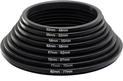 Fotasy Anodized Metal Black Filter Step Down Ring Set, 8 Stepping Down Lens Adapter Rings, 82-49mm