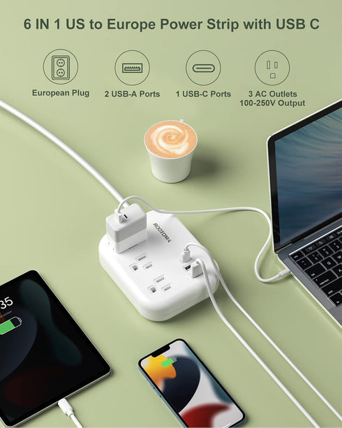 European Travel Plug Adapter with USB C, ROOTOMA Outlet Converter US to Europe 3 Outlets 3 USB Ports, International Power Strip for EU Spain France Germany Iceland Greece, 3ft, White