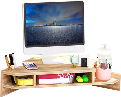 Triangle Monitor Stand Riser, Cut Triangle Desktop Corner Shelf with Drawers, Wooden Computer Stand with Storage for