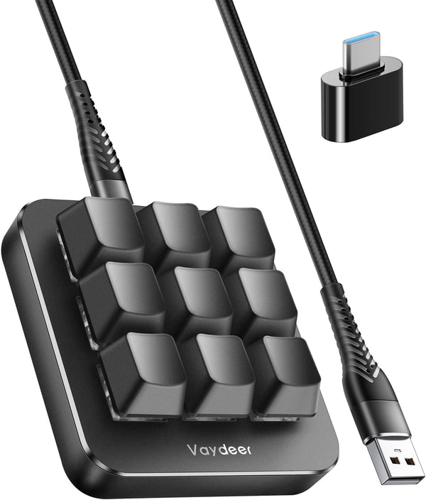 Vaydeer One-Handed Mechanical Keyboard with NKRO, Hotkeys, 9 Programmable Keys, Macro Keypad for iOS, Windows