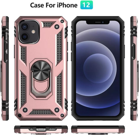 Yiakeng iPhone 12/12 Pro Case with Screen Protector, Military Grade Protective Case with Ring (Rose Gold)