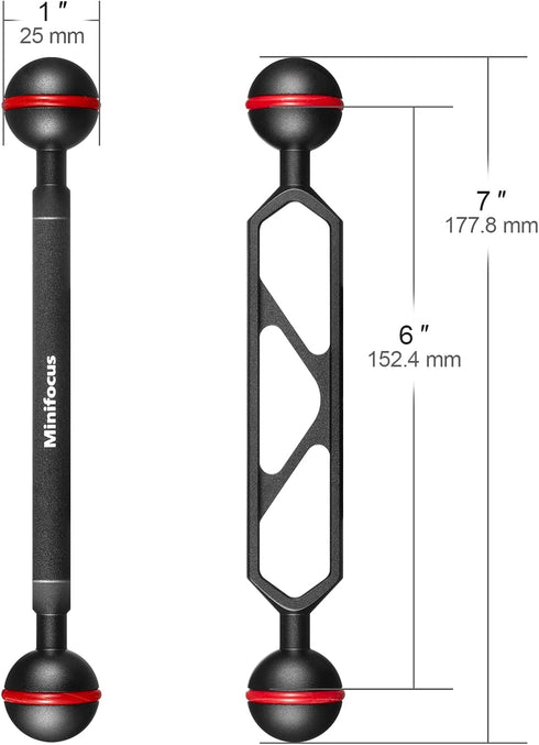 MINIFOCUS 6" Double Ball Aluminum Extension Arm, 1" Ball Head Connector, Underwater CNC Arm System for Strobe/Video