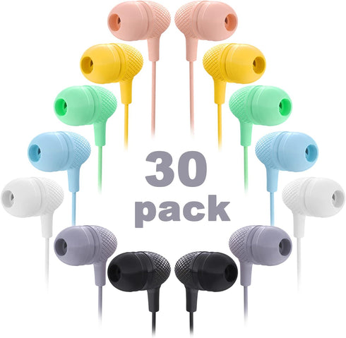 Kids Earbuds Bulk, 30 Pack Macaron Colors Mixed, Durable Earphones for Schools, Classrooms, and Gifts