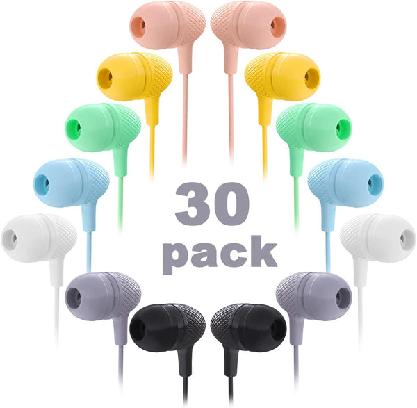 Kids Earbuds Bulk, 30 Pack Macaron Colors Mixed, Durable Earphones for Schools, Classrooms, and Gifts