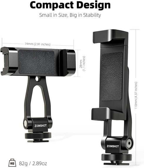 ZOINSHOT 360 2 1/4" All Metal Phone Tripod Mount, Rotation Tripod Phone Mount with Cold Shoes, Adjustable Cell Phone