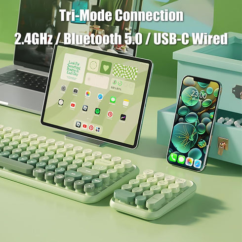 Typewriter Style Number Keypad Wireless 2.4G/Bluetooth/USB-C Wired Rechargeable Numeric Pad Linear Membrane Switch 18-Key NKRO Retro Round Keycaps Portable for Multi-Device, Matcha Green