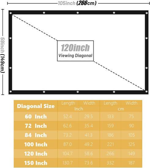 BooLooT 120 Inch 16:9 (120 inches) Projector Screen Portable Movies Screens Foldable Wrinkle-Resistant Fabric with Dual