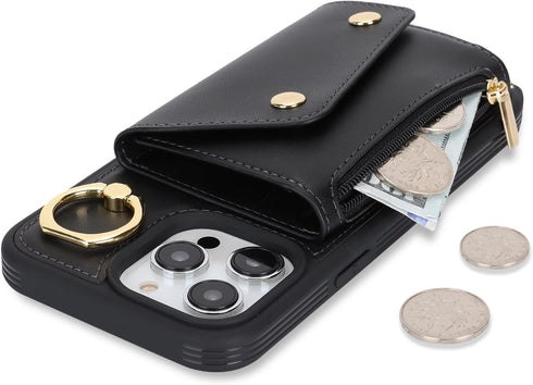 iPhone 12 Pro Max Case with Card Holder and Strap, Zipper Pocket, Crossbody Lanyard Strap, Cute Phone Wallet Case for