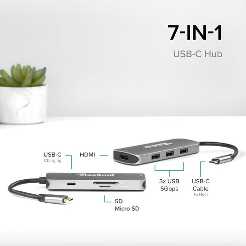 Plugable 7-in-1 USB-C Hub - Driverless, Compatible with Mac, Windows, Chromebook, USB4, Thunderbolt 4 (4K HDMI, 3 USB