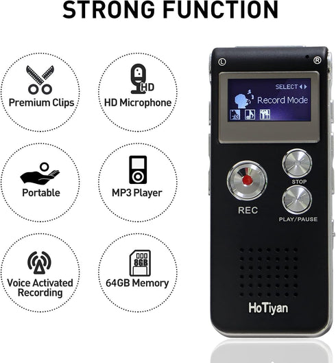 HoTiyan 64GB MP3 Digital Voice Recorder Audio Recording - Audio Recorder with Playback Voice Activated Recorder