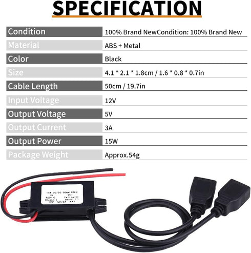 Keenso Waterproof DC Converter 3A, DC 12V to DC 5V Dual USB Adapter Module for Car Motorcycle