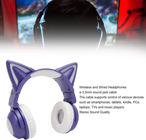 PUSOKEI RGB Cat Ear Headphone, Stereo Cute Gaming Bluetooth Headphones with 3.5mm Cable, Over Ear, Adjustable LED Light