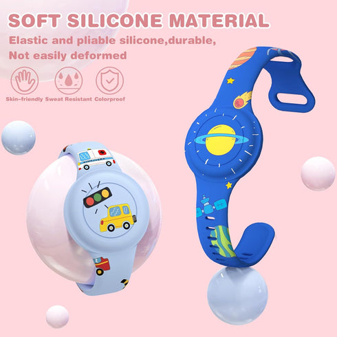 Waterproof AirTag Bracelet for Kids, Cute Cartoon Holder in Soft Silicone for Apple GPS Tracker - Navy Blue Planet