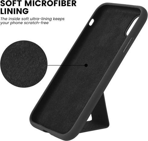 LAUDTEC iPhone XR Case Compatible, Silicone Kickstand with Hand Strap, Flexible Soft Liquid Silicone Stand Case - Black