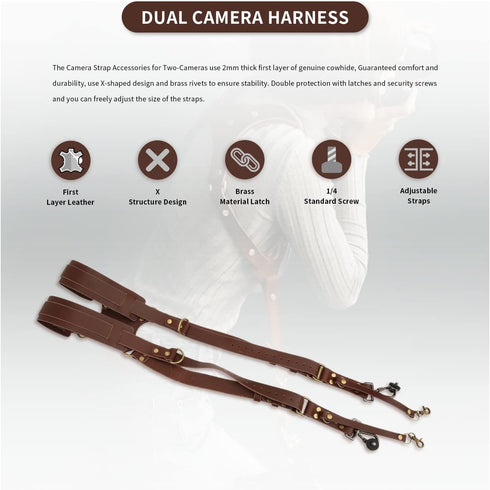 Double Camera Strap, Adjustable Leather Shoulder Strap for Two Cameras (Brown)