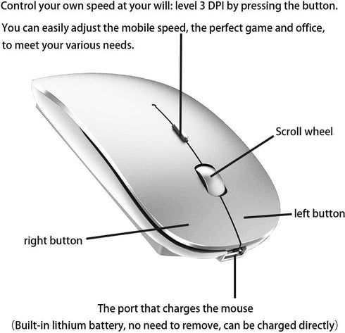 Rechargeable Bluetooth Mouse for Laptop, iPad Pro, MacBook, and Desktop Computers