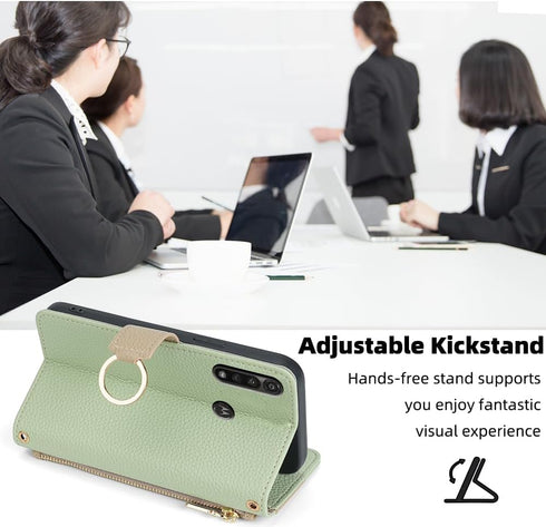Asuwish Moto G Power 2020 Wallet Case: Green Flip Cover, Tempered Glass Protector, Card Holder, Crossbody Strap, Stand.