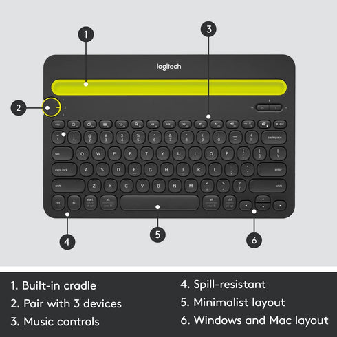 Logitech K480 Wireless Multi-Device Keyboard for Windows, macOS, iPadOS, Android, Bluetooth, Compact (Black)