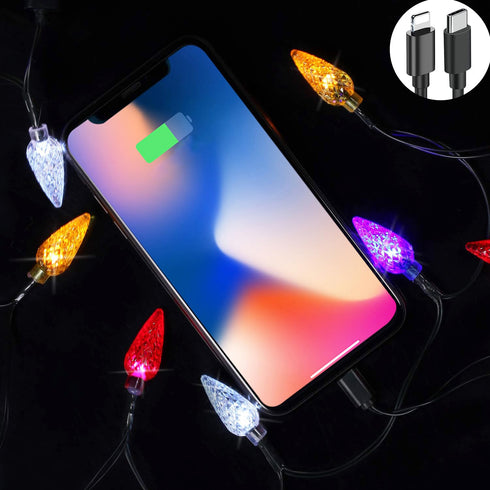 2 Pack Christmas Light Phone Charging Cable USB-C to Light-ning Charger Cord 4.5 FT/10 LED Festive Bulb Cables Compatible with iPhone 6-12/13/14 Pro/Max/Plus/XS/XR