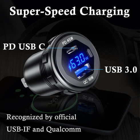 BATIGE PD 45W USB C Quick Charger 18W USB 3.0 Charger Socket Waterproof with Switch for 12V/24V Car Boat Marine