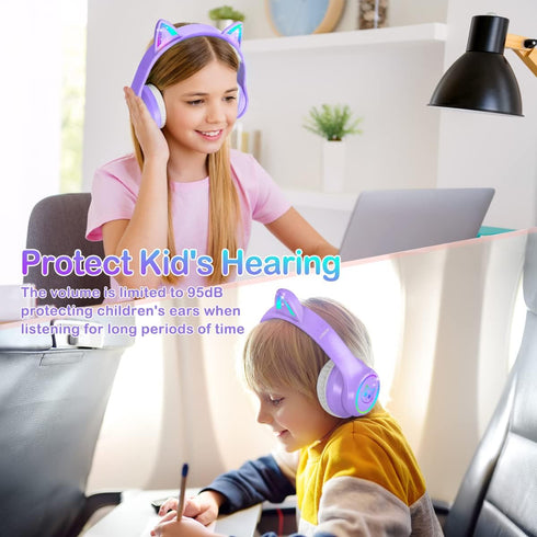 LOBKIN Bluetooth 5.3 Kids Headphones with Case - Foldable Adjustable Over Ear Headphones with RGB LED Cat Ears