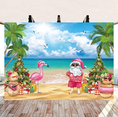 July Christmas Backdrop 8x6FT Tropical Flamingo Palm Tree Hawaiian Photography Background Summer Beach Santa Claus Party Decoration Supplies Photo Props