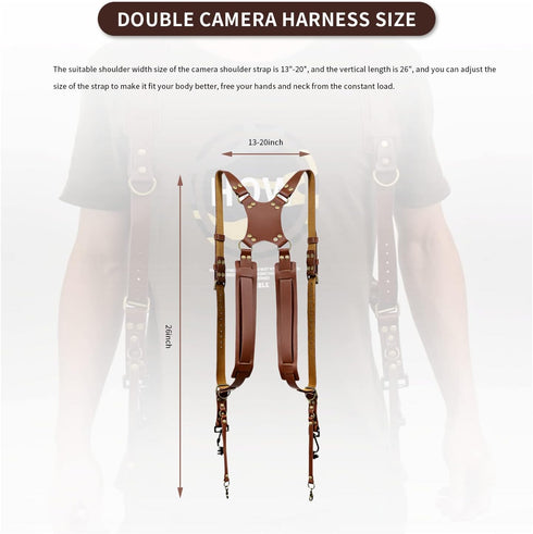 Double Camera Strap, Adjustable Leather Shoulder Strap for Two Cameras (Brown)