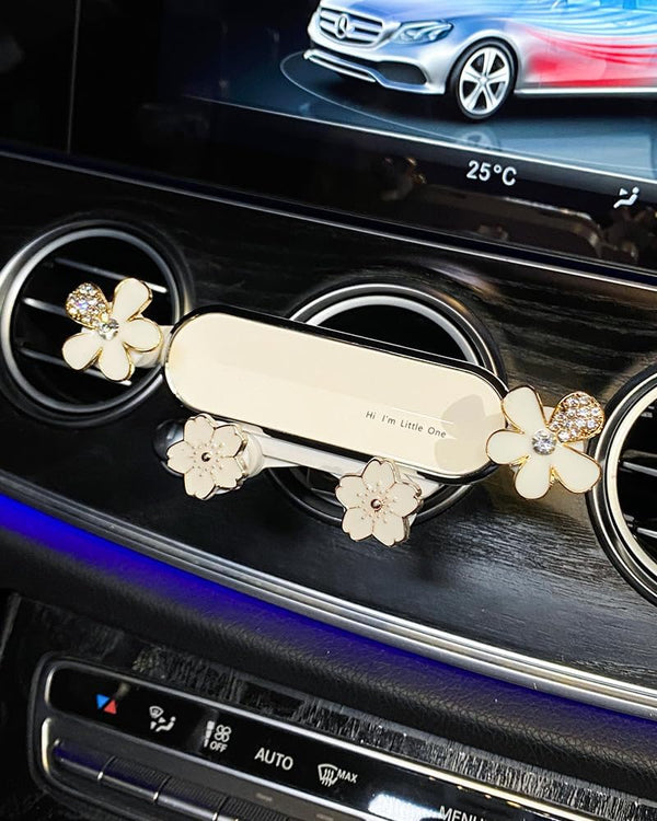 Elegant Flower Crystal Air Vent Phone Holder, Car Cellphone Mount Clip, Nice Gift for Smartphone (White Flower)