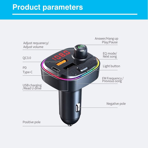 Bluetooth FM Transmitter for Car, QC3.0 & USB-C PD 18W Quick Charger, 7 Colors LED Backlit
