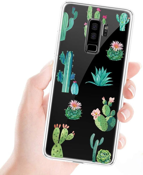 Phone Case for Samsung Galaxy S9 Plus - Soft Clear TPU Shockproof Protective Cover for Girls Women (Cactus)
