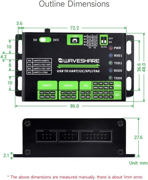 Waveshare USB to UART/I2C/SPI/JTAG Converter, Multiple Interfaces, 3.3V and 5V Compatible, Protection Circuits