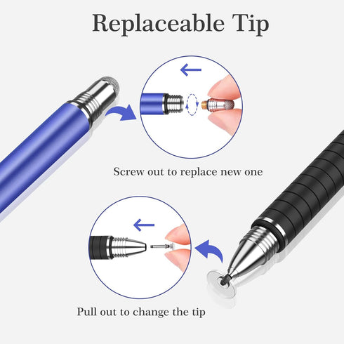 MEKO Stylus Pens for Touch Screens - 2 in 1 Universal Disc Stylus with 6 Replacement Tips - Blue/Silver