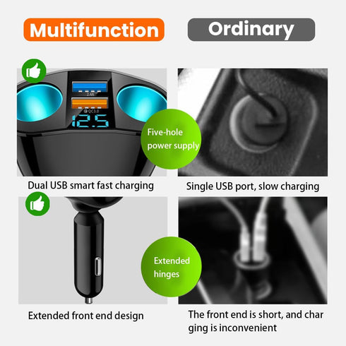 Cigarette Lighter Splitter, USB 2.4A & QC3.0 Type C with 2 Socket Cigarette Lighter Adapter, 12V/24V 120W Car Charger Splitter for GPS Dash Cam Laptop Cell Phone iPhone 14/13/12/11 (QC3.0) by Moioee