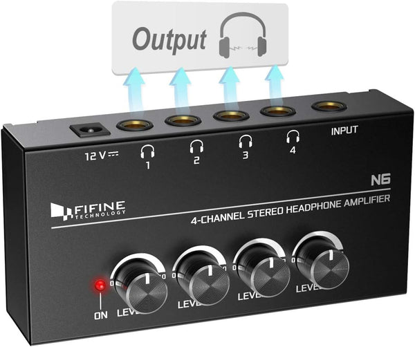 Fifine 4 Channels Metal Stereo Audio Amplifier, Mini Headphone Splitter with Power Adapter, 4x Quarter Inch Balanced