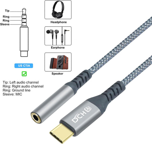 USB-C to 3.5mm Audio Adapter, Braided Dongle for Samsung Galaxy S22, S21, S20, Pixel 7, Android Phones, Laptops.