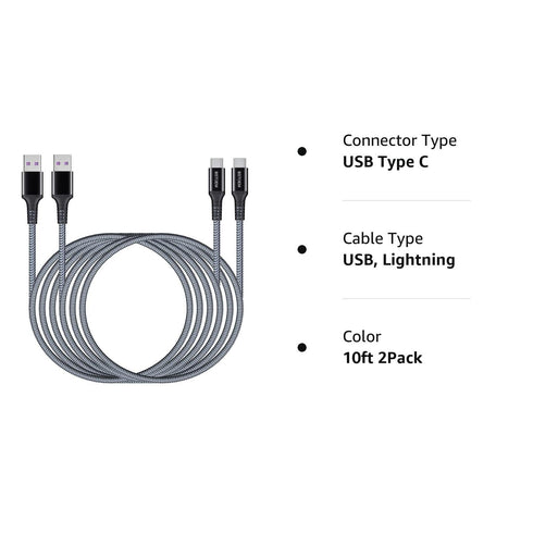 C Charger Cable Fast Charging Long USB C Cord, 10FT 2Pack for Samsung Galaxy S10/S9/S8/Note, Kindle Fire