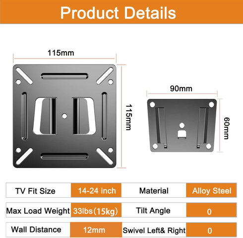 Monitor Wall Mount for Most 14-24" TVs, Universal Small TV Bracket, Fixed RV Mount, Max Load 33lbs, VESA up to 100x100mm