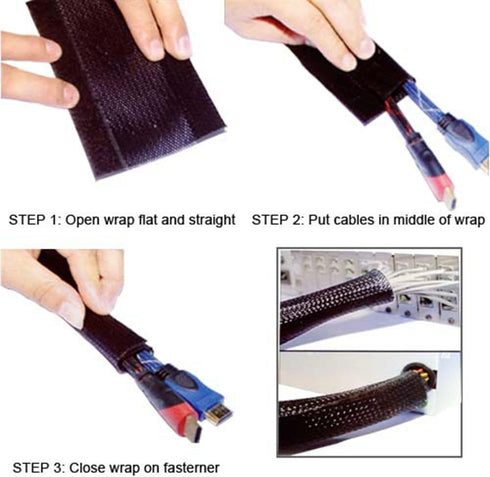 Electriduct 2" Side Entry Cable Wrap Braided Sleeving with Hook & Loop Fastener - 10 Feet, Black